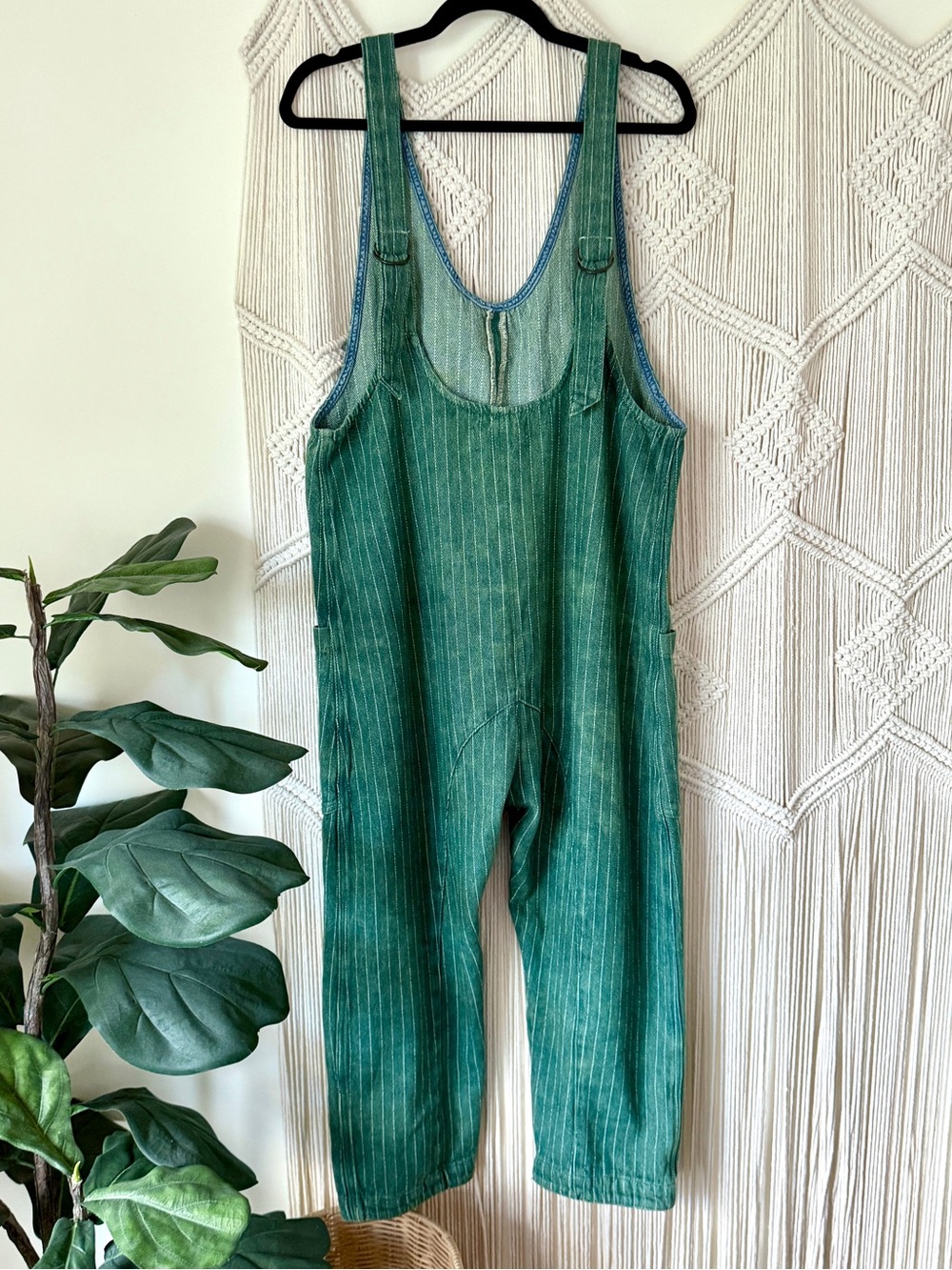 We the Free High Roller Mineral Wash Green Pinstripe Overall Jumpsuit M - Picture 11 of 16